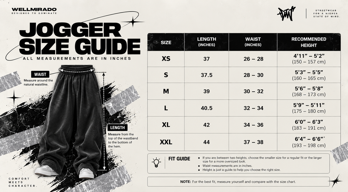 Joggers size chart